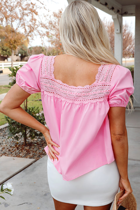 Light Pink Lace Square Neck Patchwork Puff Sleeve Blouse