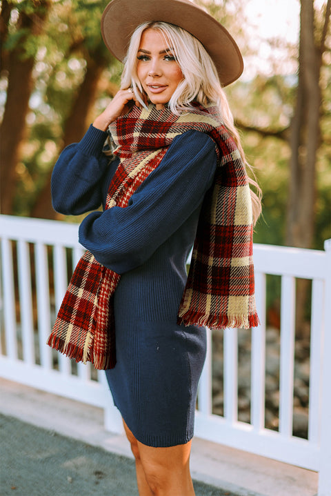 Red Clay Fringe Trim Reversible Plaid Houndstooth Pashmina Scarf