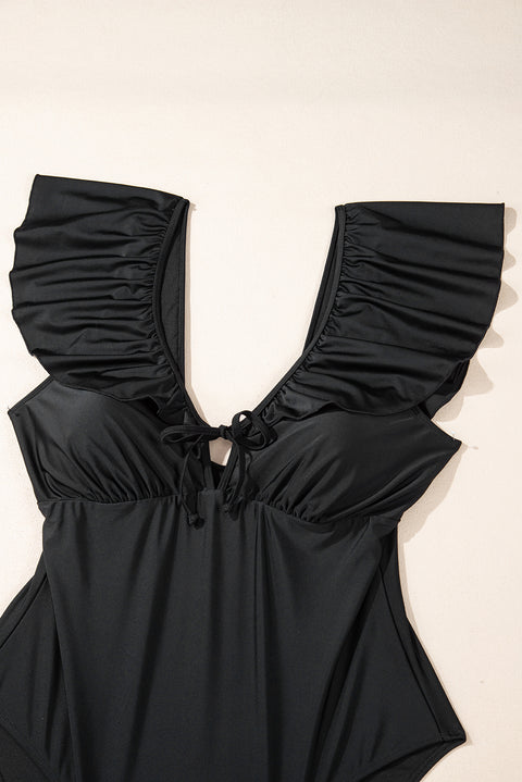 Black Ruffled Sleeve Lace-up V Neck Plus Size One Piece Swimsuit