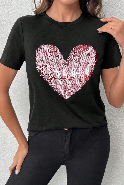 Black Valentine Sequin Heart Shaped Crew Neck T Shirt