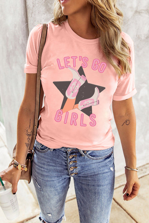 Pink LETS GO GIRLS Western Boots Star Shape Graphic Tee