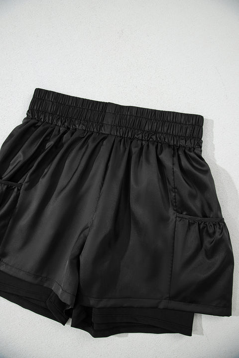 Black Elastic High Waist Pocketed Casual Shorts