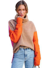 Khaki Color Block Turtle Neck Drop Shoulder Knit Sweater