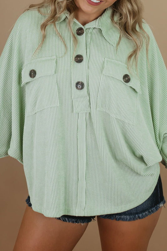 Top henley de manga larga con bolsillos de canalé y talla grande verde 