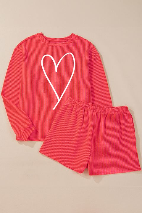 Gold Flame Heart Shape Graphic Corded Pullover and Shorts Outfit