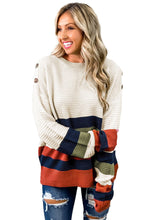 Buttoned Shoulder Drop Shoulder Striped Sweater