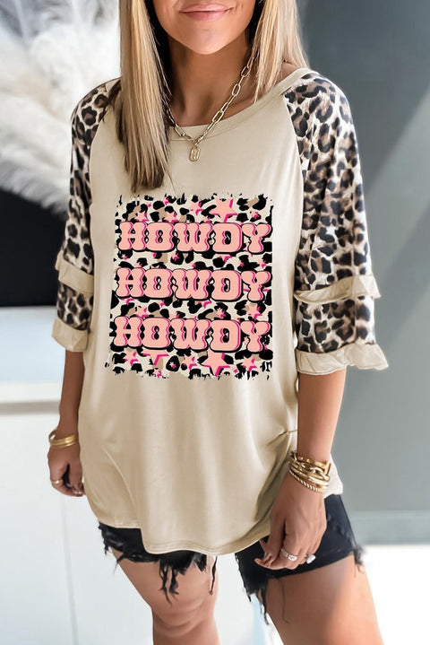 Apricot HOWDY Leopard Print Tiered Ruffled 3/4 Sleeve Tee