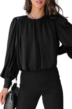 Black Padded Shoulder Buttoned Cuffs Pleated Loose Blouse