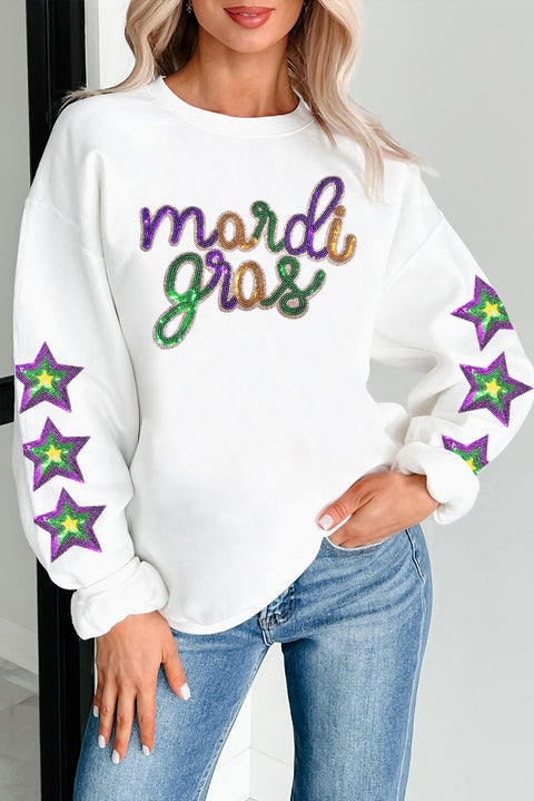 White Sequin mardi gras Graphic Star Sleeve Pullover Sweatshirt