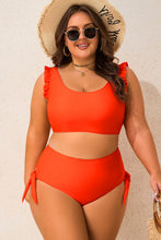 Orange Ruffled Trim Knotted High Waist Plus Size Bikini Set