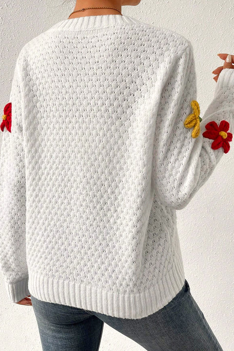 White Colorful Flower Applique Textured Knit Sweater