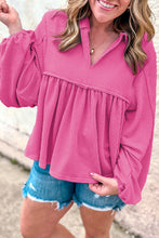 Bright Pink Corded Turn-down V Neck Bubble Sleeve Babydoll Blouse