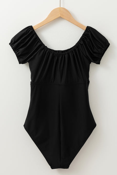 Black Elastic Neckline Short Sleeve One Piece Swimsuit