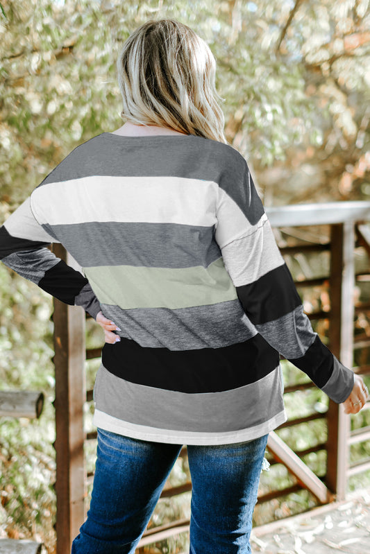 Gray Stripe Plus Size Colorblock Pullover Top