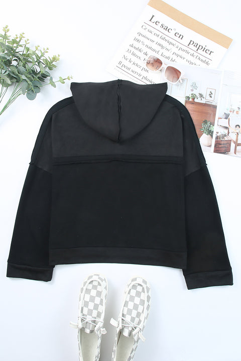 Casual Button Solid Patchwork Trim Hoodie