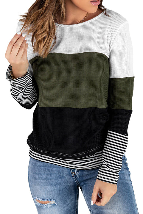 Green Stylish Colorblock Splicing Stripes Top