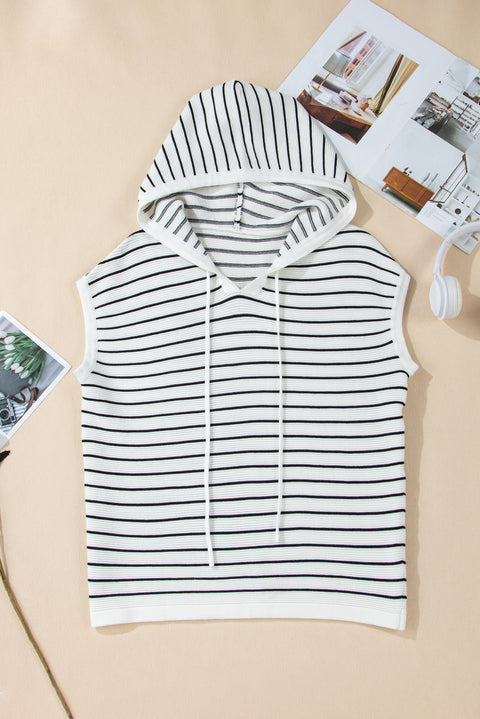 White Stripe Drawstring Hooded Loose Sweater T Shirt