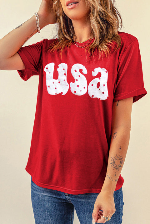 Red USA Stars Print Round Neck Casual Tee