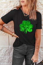 Black Sequin Clover Embroidered Round Neck Graphic Tee