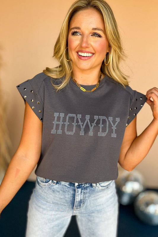 Dark Grey Rhinestone HOWDY Graphic Studded Sleeve T Shirt