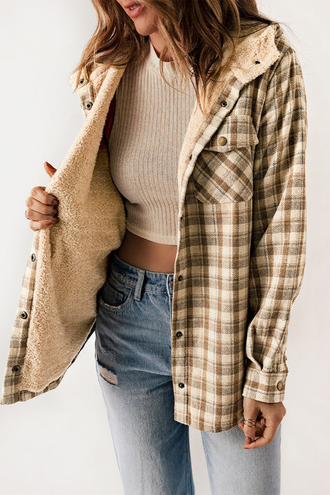 Khaki Plaid Pattern Sherpa Lined Hooded Shacket