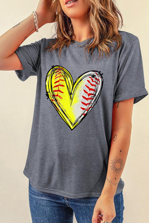 Gray Baseball Heart Shape Print Crew Neck T Shirt