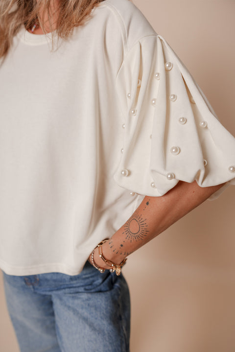 White Pearled Puff Sleeve Round Neck Loose Top