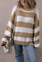 Light French Beige Colorblock Striped Drop Shoulder Side Slit Sweater