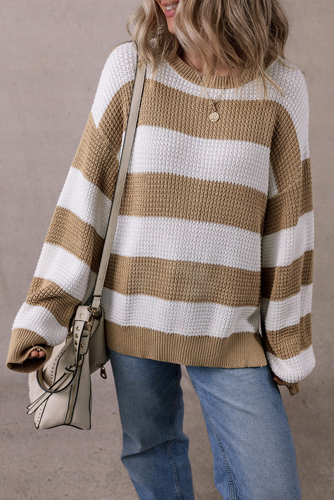 Light French Beige Colorblock Striped Drop Shoulder Side Slit Sweater