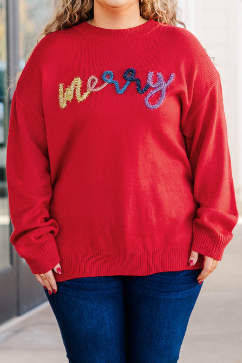 Fiery Red Tinsel merry Pattern Drop Shoulder Plus Size Sweater