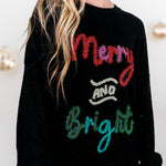 Black Tinsel Merry and Bright Graphic Christmas Sweater