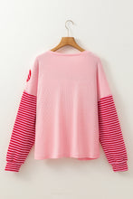 Pink Floral Patch Color Block Striped Sleeve Textured Top