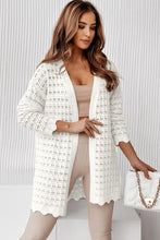 White Wavy Trim Open Knit Long Sleeve Cardigan