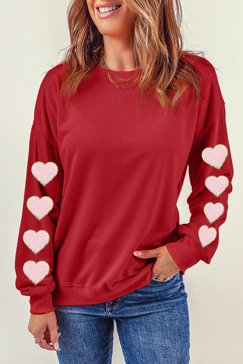 Red Heart Shaped Glitter Chenille O Neck Sweatshirt