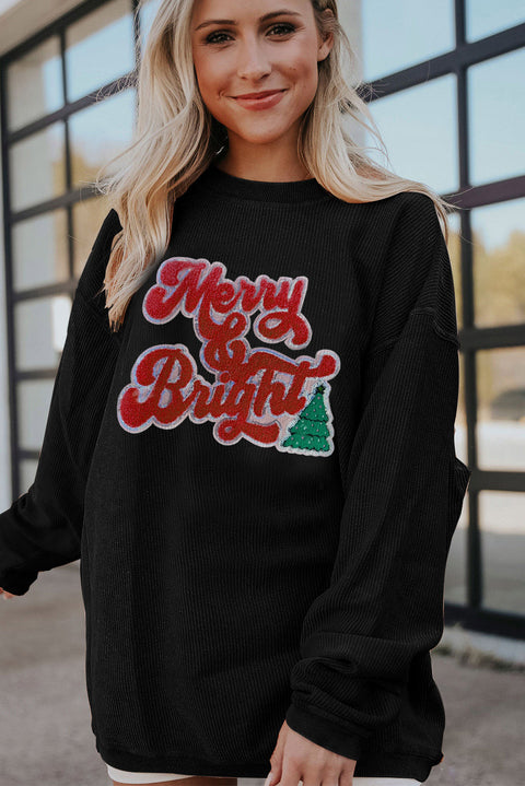 Black Merry & Bright Christmas Tree Pattern Corded Baggy Sweatshirt