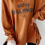 Chestnut Sequin Happy Halloween Graphic Notched Neck Long Sleeve Loose Top