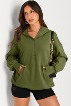 Moss Green Solid Kangaroo Pocket Half Zipper Oversized Hoodie