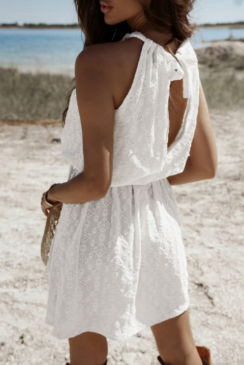 White Lace Sleeveless Knot Hollow Out Back Tied Waist Mini Dress