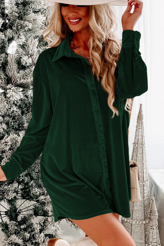 Flaxen Velvet Button Front Shirt Mini Dress