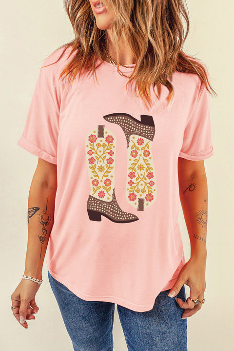 Pink Western Floral Boots Print Round Neck Loose T Shirt