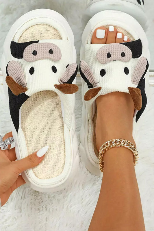 Pantuflas con punta abierta y estampado de vaca lindo blanco brillante 