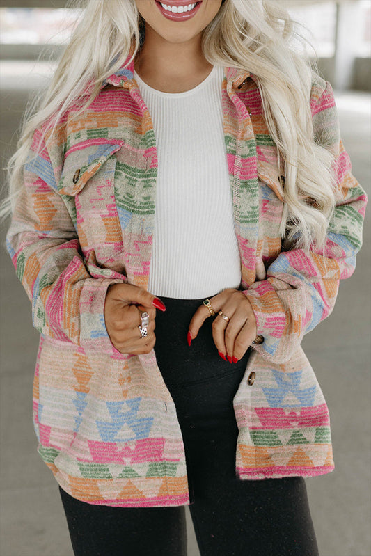 Chaqueta con estampado azteca y bolsillos con solapa multicolor de talla grande 