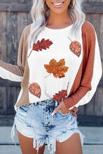 Apricot Thanksgiving Sequin Fall Leaves Graphic Colorblock Ribbed Knit Top