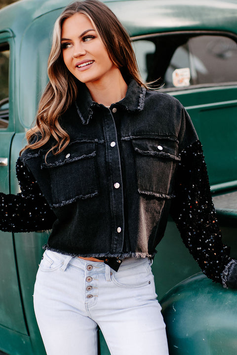 Black Sequin Sleeve Pocketed Raw Hem Denim Jacket