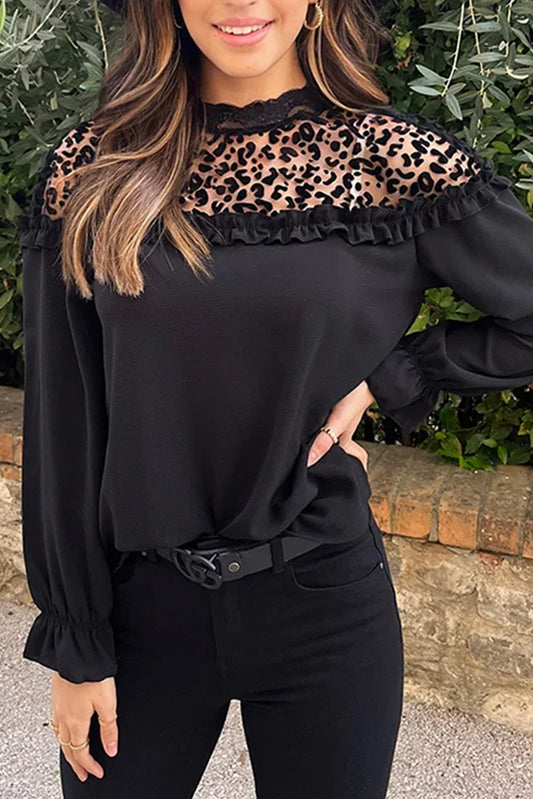 Blusa manga larga con volantes y empalme de malla de leopardo negra 