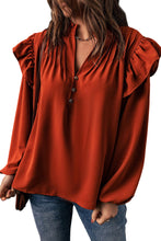 Ruffled Pleated Buttoned V Neck Blouse