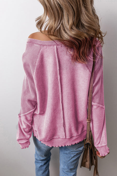 Pink Waffle Knit Patchwork Exposed Seam Raglan Sweatshirt