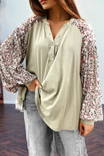 Meadow Mist Green Contrast Printed Bubble Sleeve Henley Loose Top with Slits