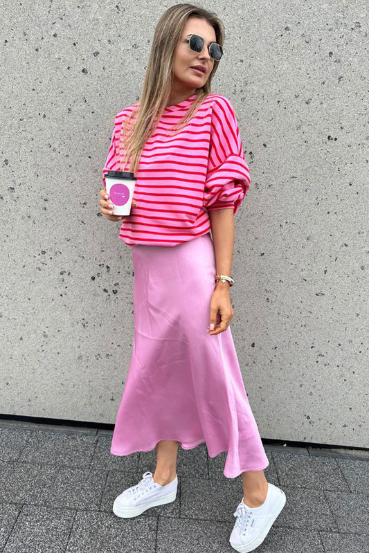 Sachet Pink Striped Print Crew Neck Drop Shoulder Sweatshirt