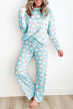 Sky Blue Santa Claus Striped Print Loose Fit Two Piece Lounge Set